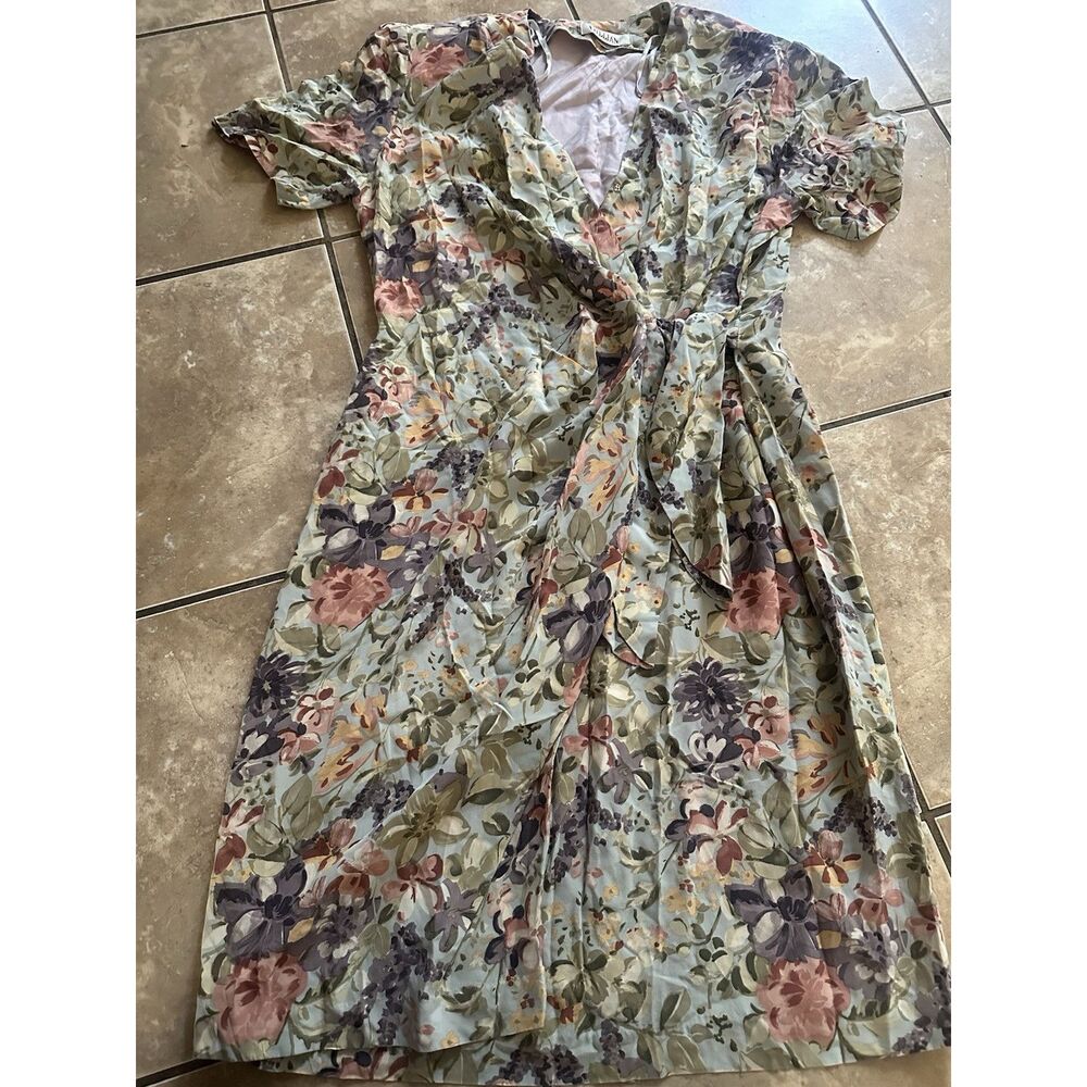 Gillian 14 Vintage Silk Printed Dress Faux Wrap Shoulder Pads